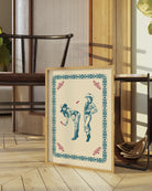 A print with a lesbian cowgirl couple flirting.