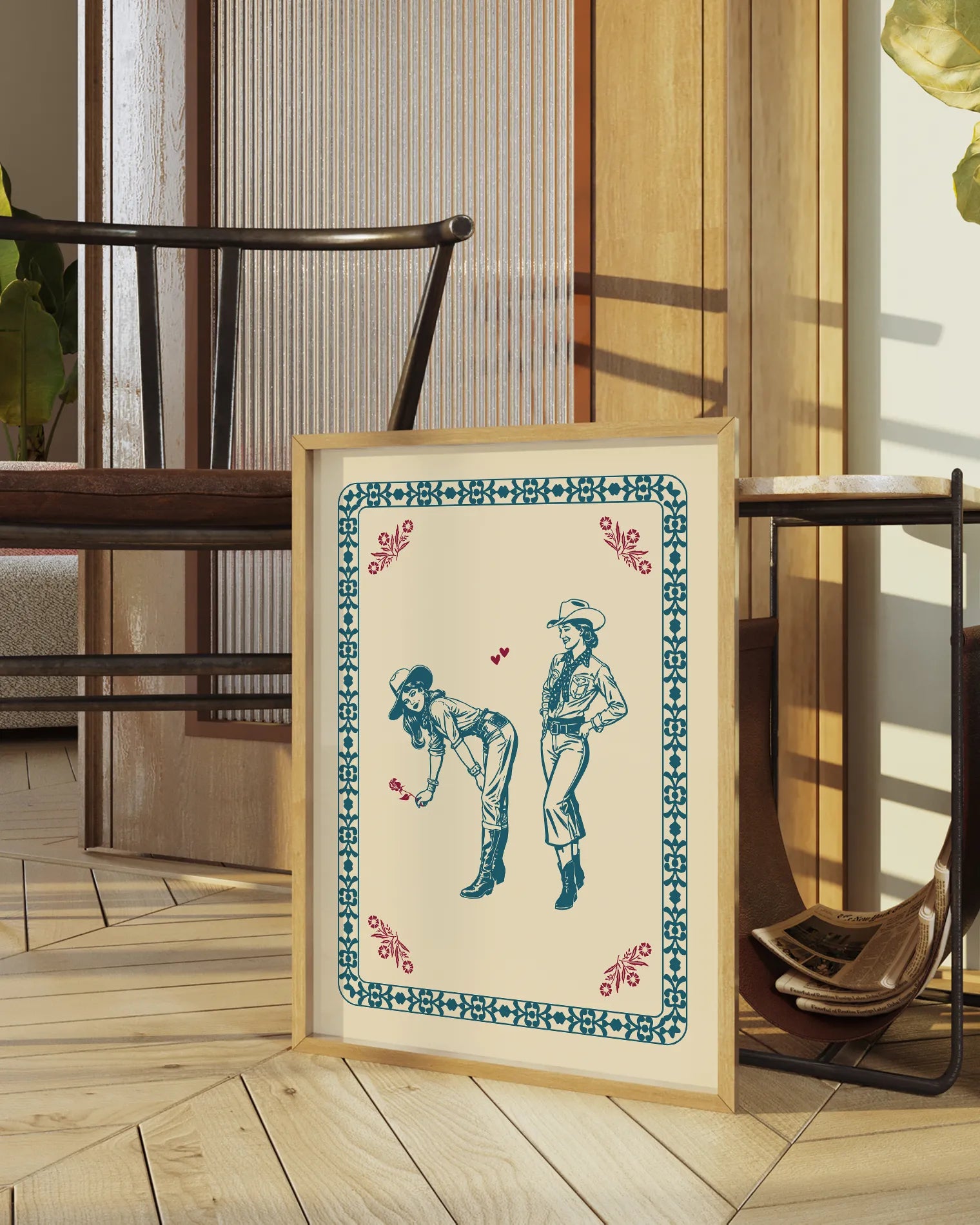 A print with a lesbian cowgirl couple flirting.