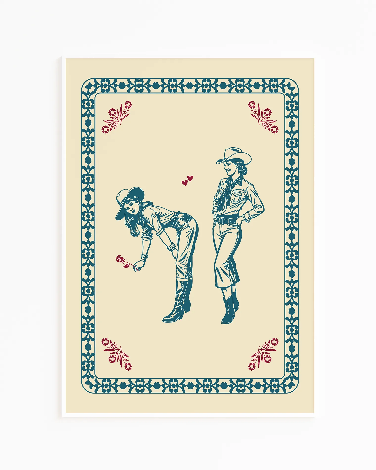 A print with a lesbian cowgirl couple flirting.