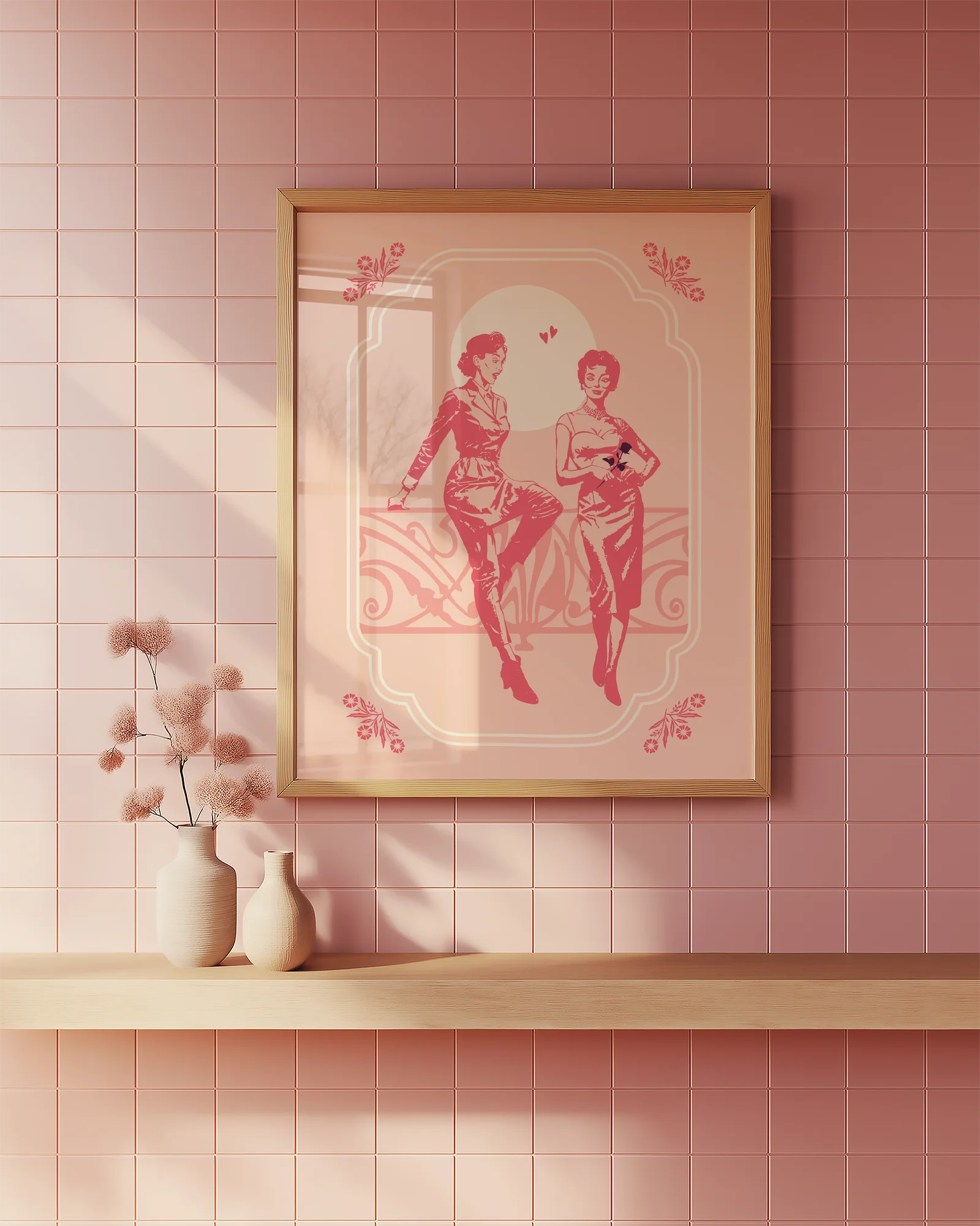 A poster with two lesbian ladies flirting, in the late 60's.