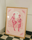 A poster with two lesbian ladies flirting, in the late 60's.