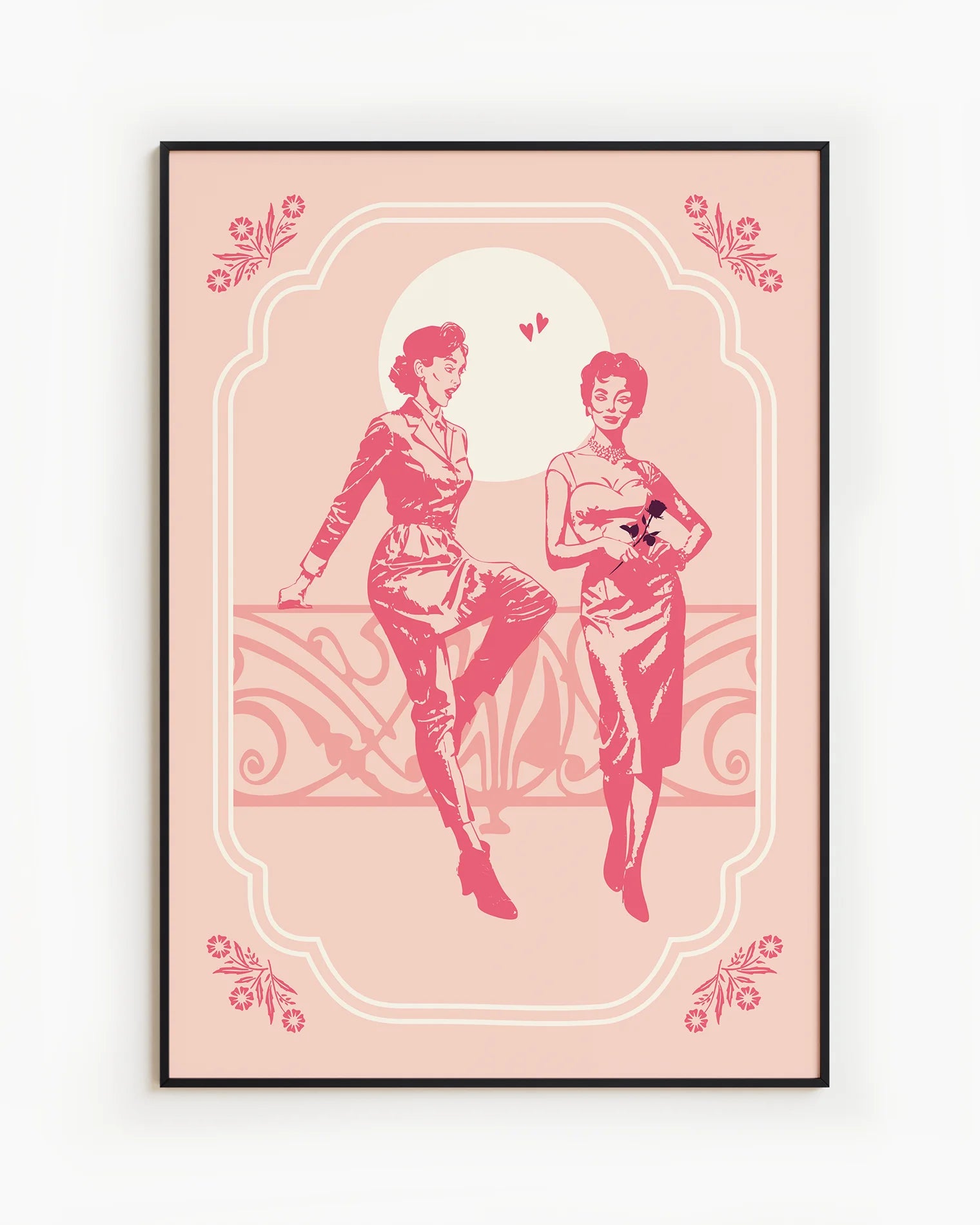 A poster with two lesbian ladies flirting, in the late 60's.