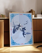 A poster featuring two lesbian witches—one flying on her broomstick while the other lies on the moon. They share a flirtatious glance, surrounded by stars and bats.