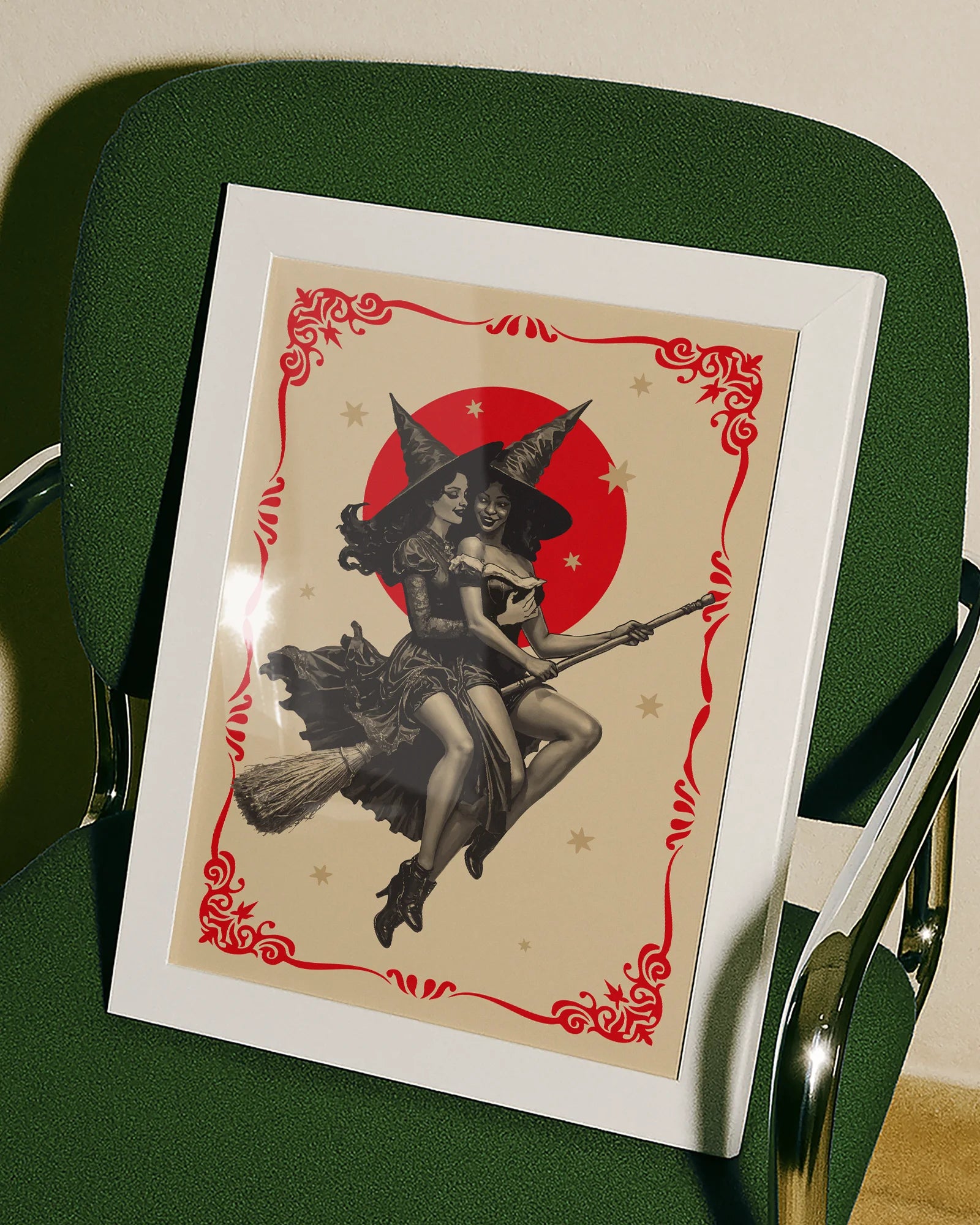 A poster featuring two lesbian witches flying on a broomstick through the night. They share a romantic gaze, surrounded by stars and a large red full moon.