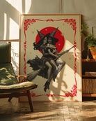 A poster featuring two lesbian witches flying on a broomstick through the night. They share a romantic gaze, surrounded by stars and a large red full moon.