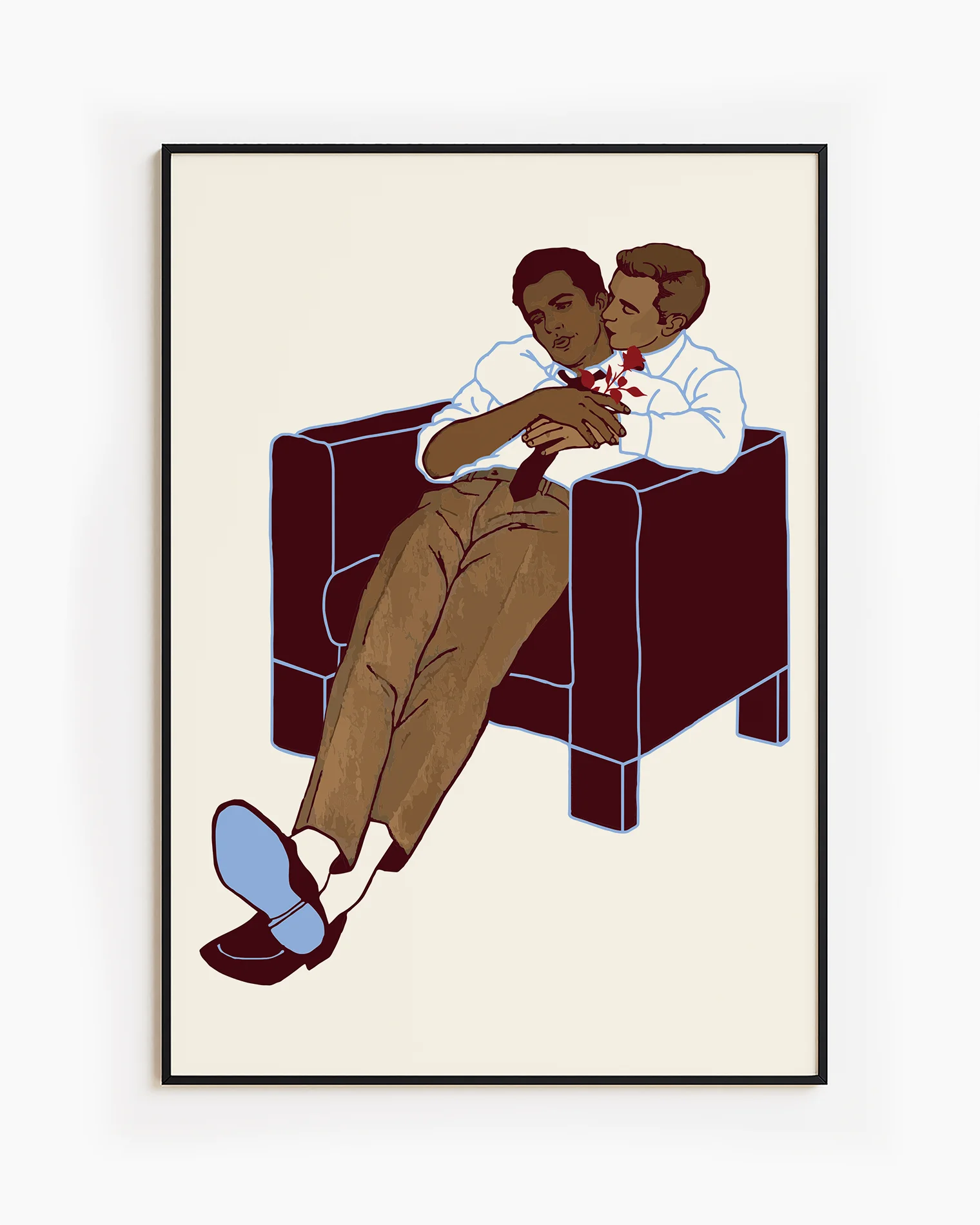 A framed poster with two gay men hugging.