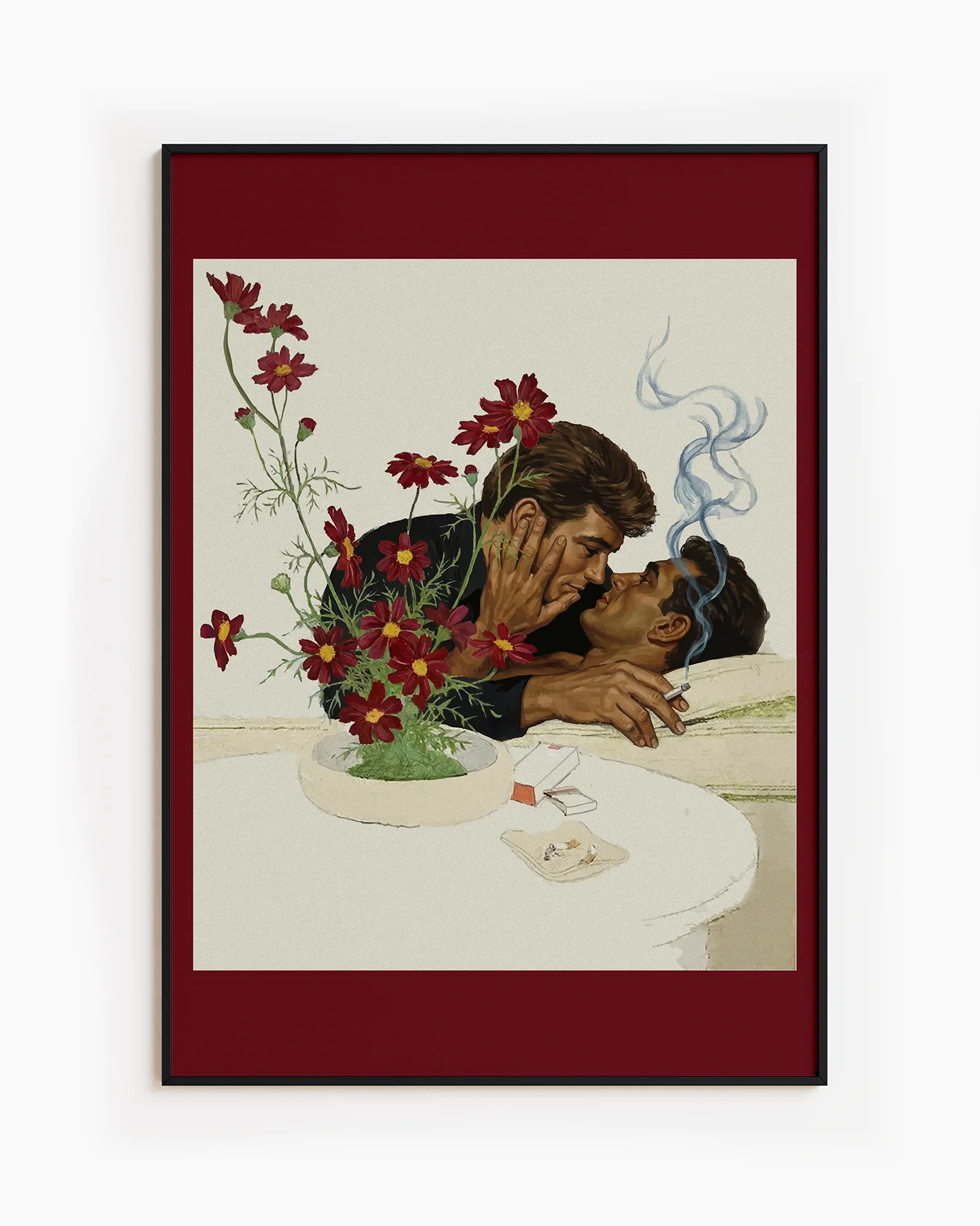 A framed print with two gentlemen in suits kissing on a couch, 1940's vintage style.