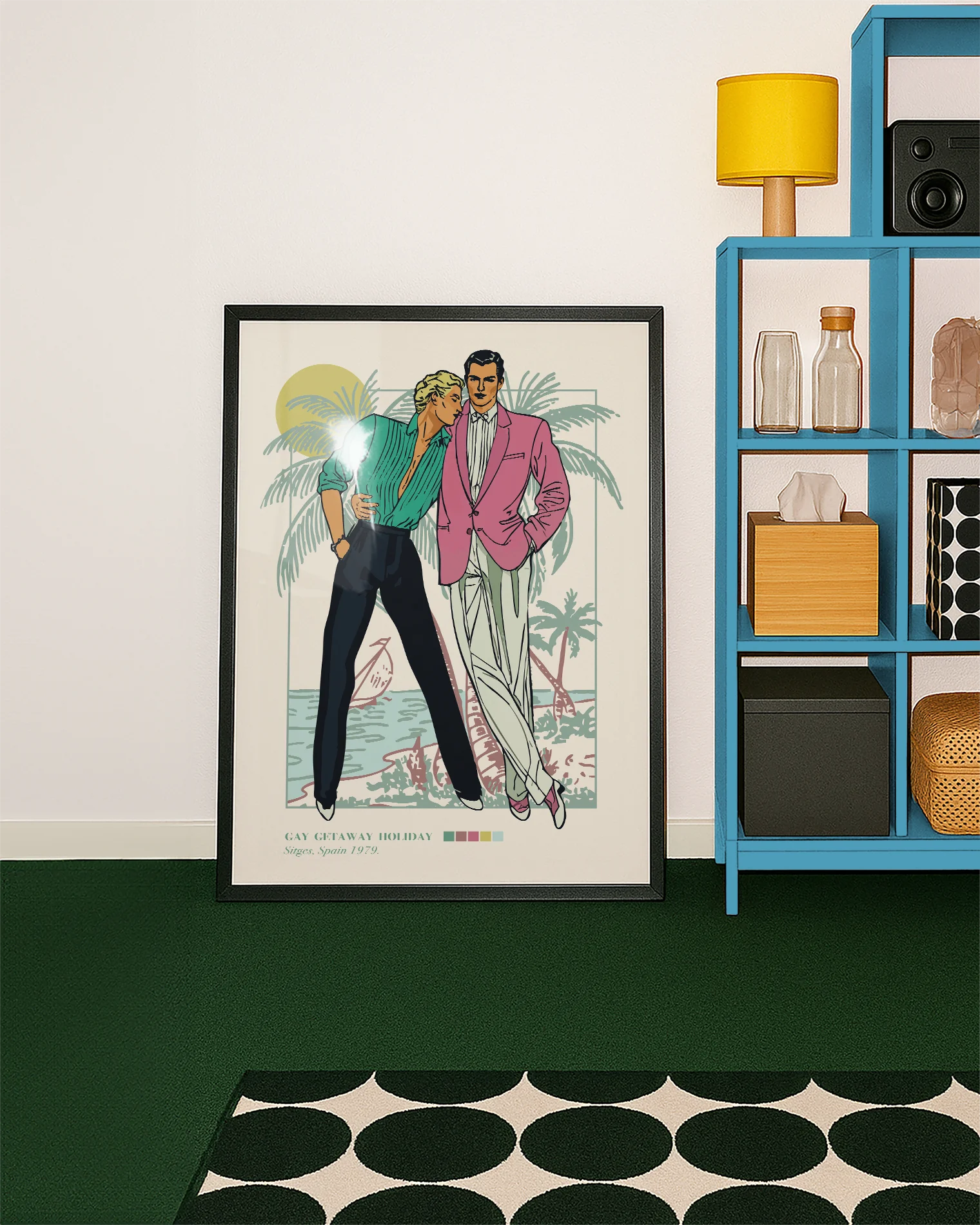 A poster depicting two gay men in a romantic embrace on a warm beach, featuring the text: “GAY GETAWAY HOLIDAY” & “Sitges, Spain 1979.”