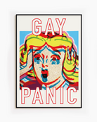 A framed poster featuring a screaming woman in pop art style with the text: *"GAY PANIC"* in red.