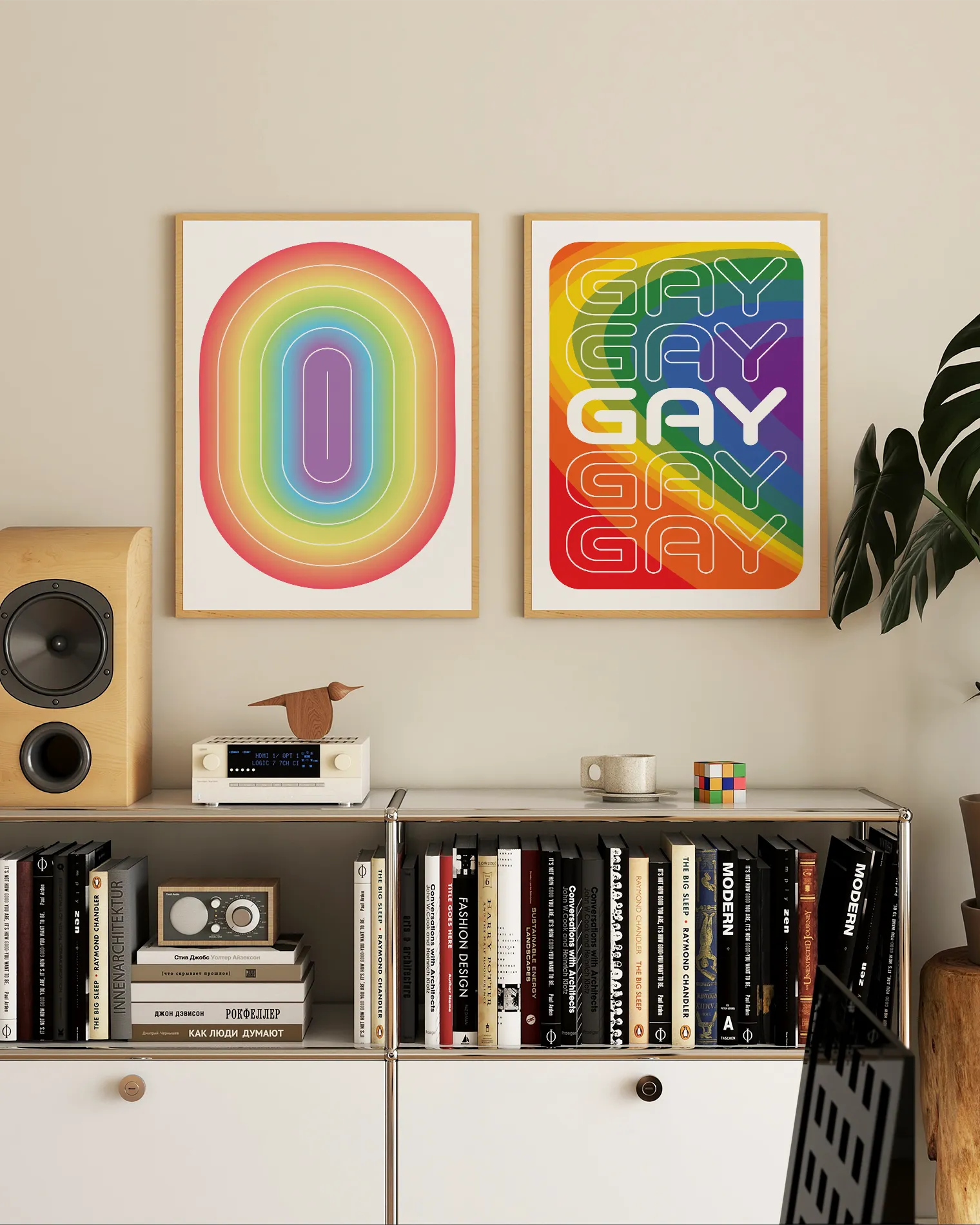 Two pride prints with a prideflag in a wavy form, with the text GAY times five.