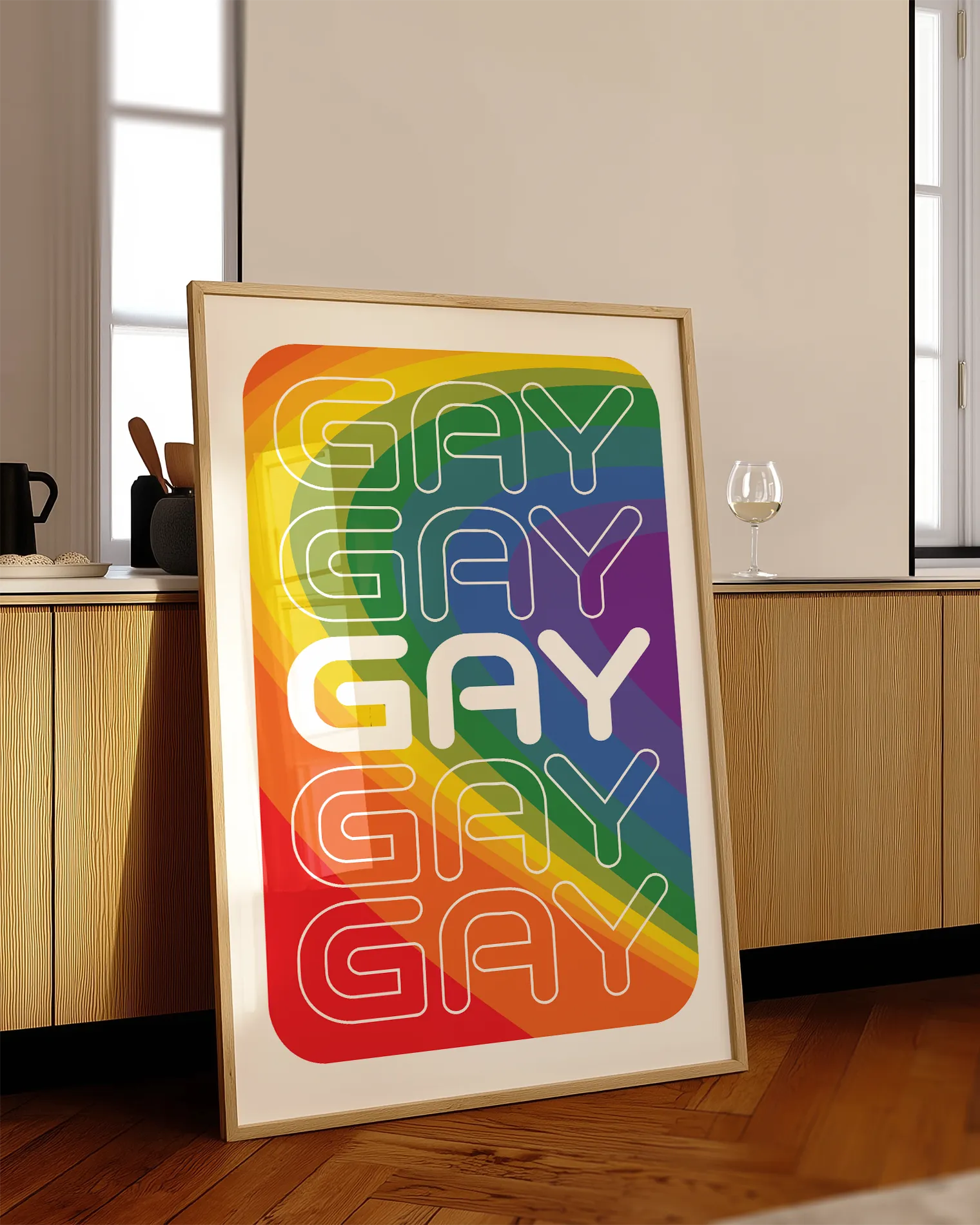 A print with a prideflag in a wavy form, with the text GAY times five.
