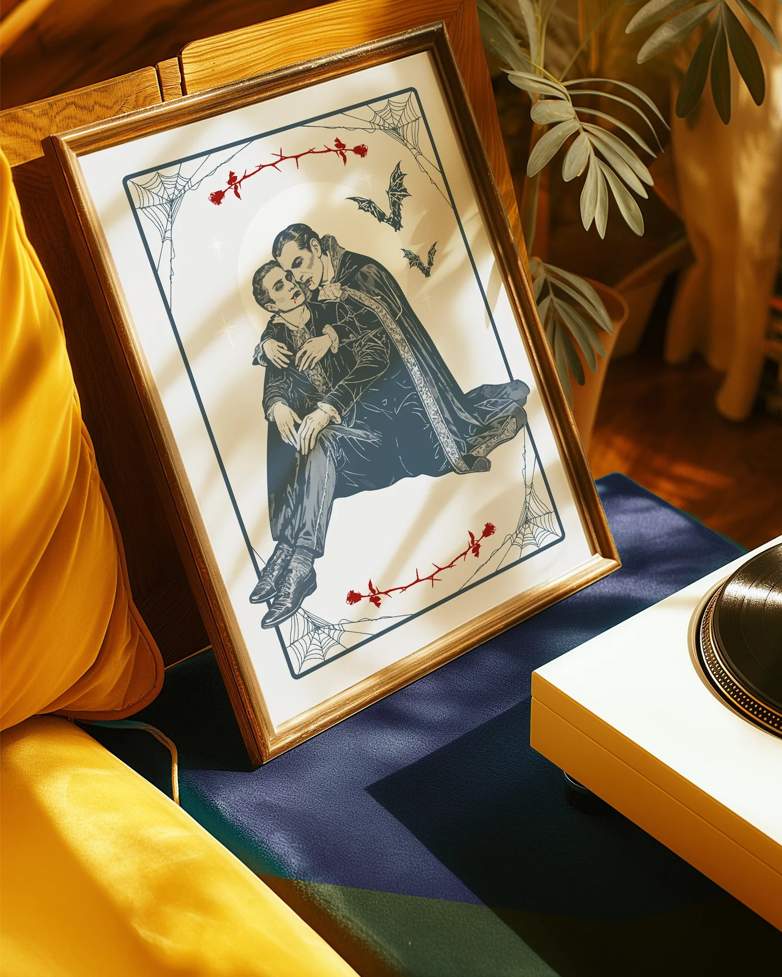 A poster depicting two male vampires embracing each other in a romantic hug, surrounded by a webbed frame, a large white moon, red roses, and flying bats.