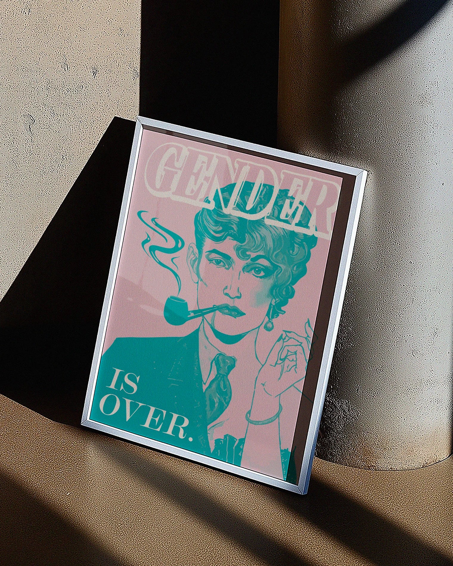 A poster featuring an androgynous person with one half of their face styled femininely and the other half masculinely, alongside the text: “GENDER IS OVER.”