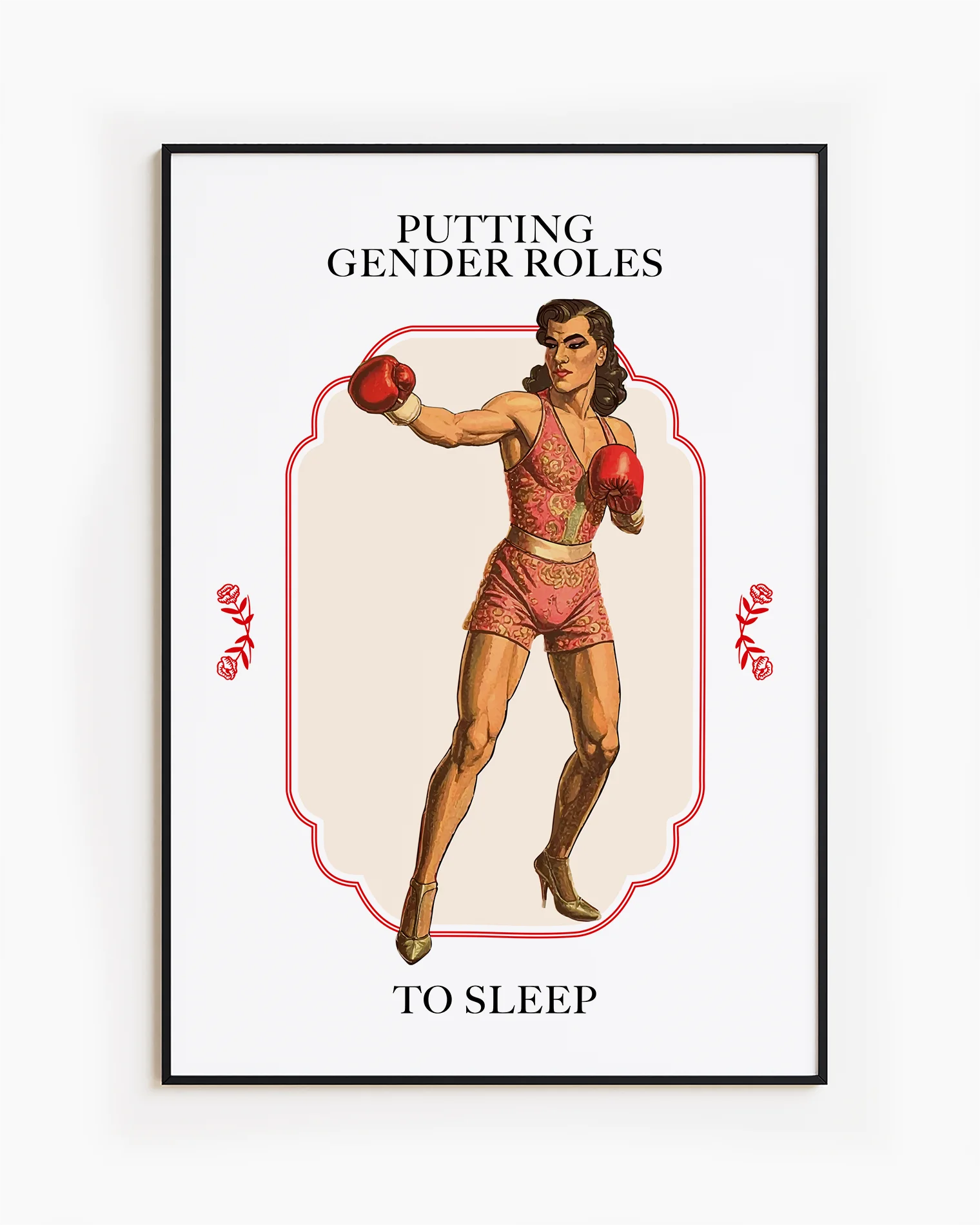 A poster featuring a muscular male boxer in makeup and pink clothing, with the text 'PUTTING GENDER ROLES TO SLEEP'.