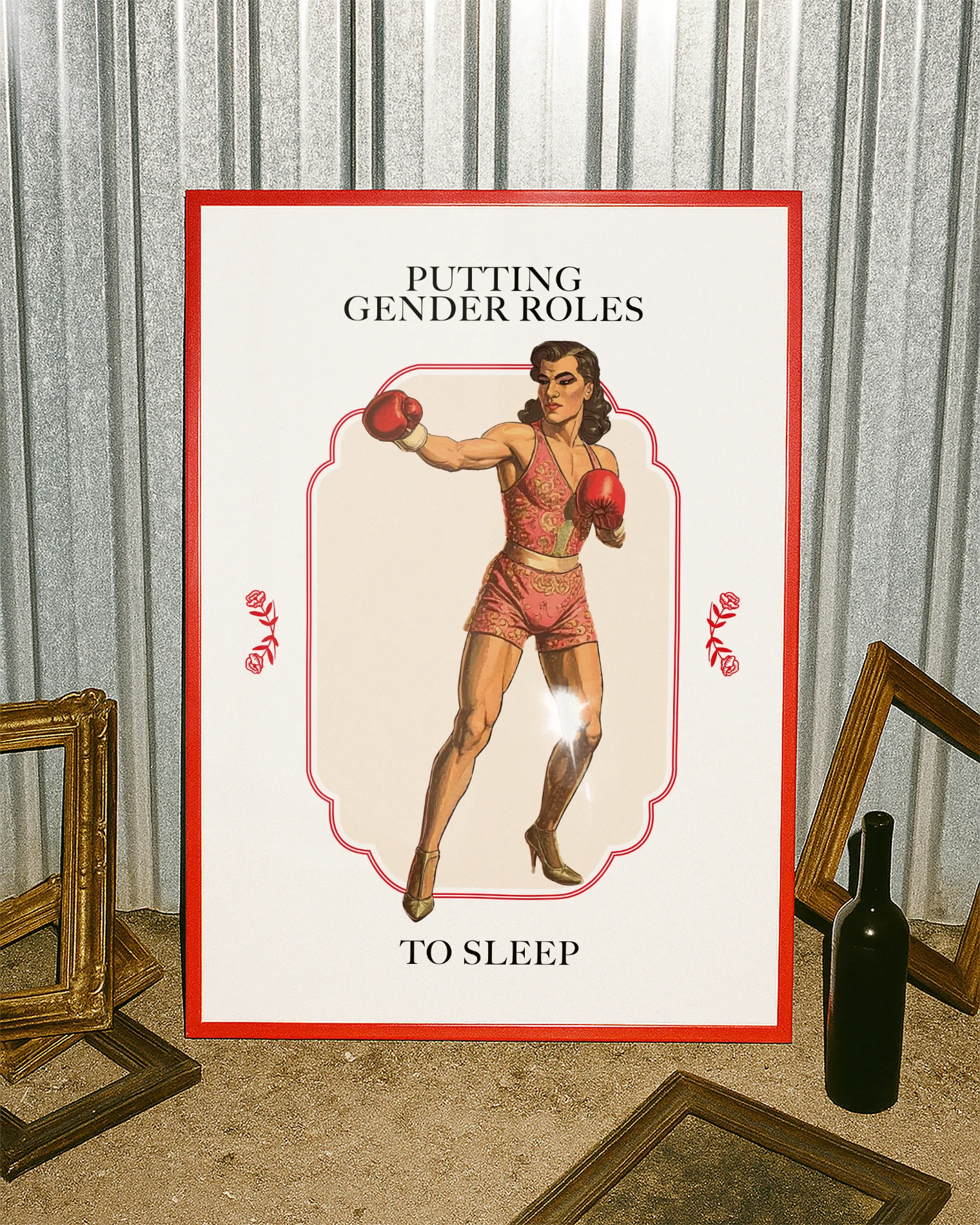 A poster featuring a muscular male boxer in makeup and pink clothing, with the text 'PUTTING GENDER ROLES TO SLEEP'.