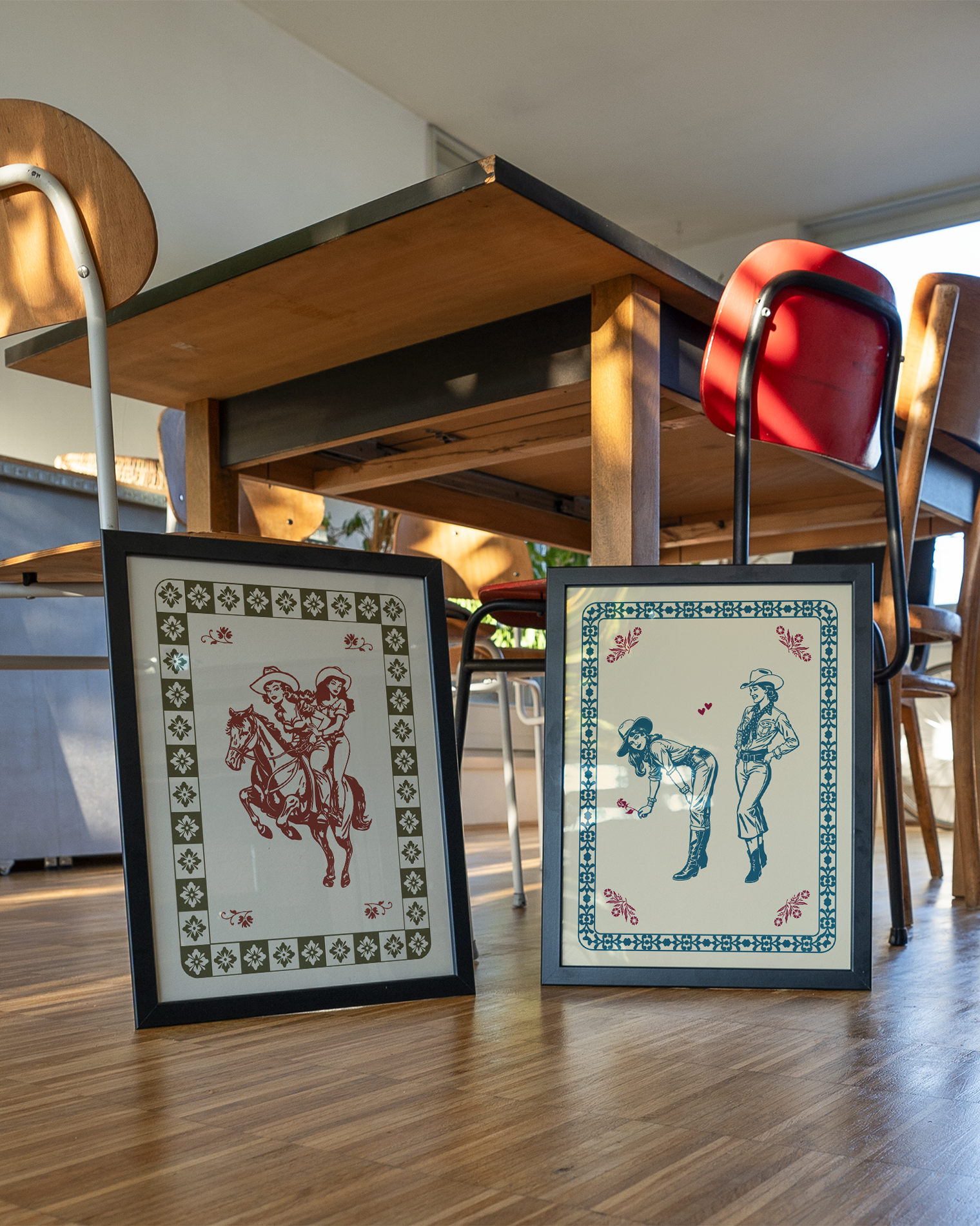 A poster with an illustrated lesbian cowgirls-couple riding a horse.