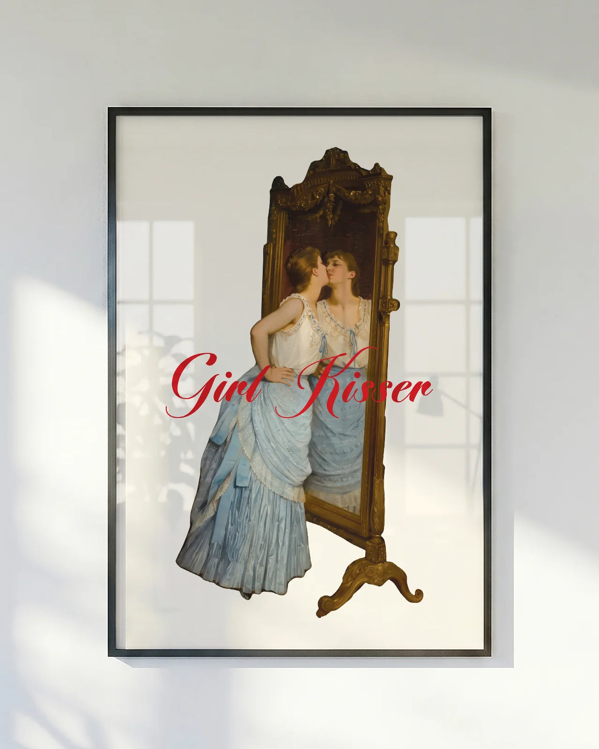 A poster of a woman kissing her reflection in a mirror with the text GIRL KISSER.