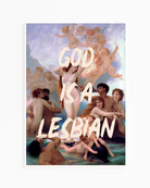A print with a group of naked people, surrounding a named woman in the style of Coquette, oil painting with the text 'GOD IS A LESBIAN'.