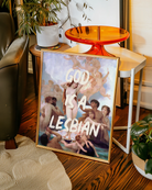 A print with a group of naked people, surrounding a named woman in the style of Coquette, oil painting with the text 'GOD IS A LESBIAN'.