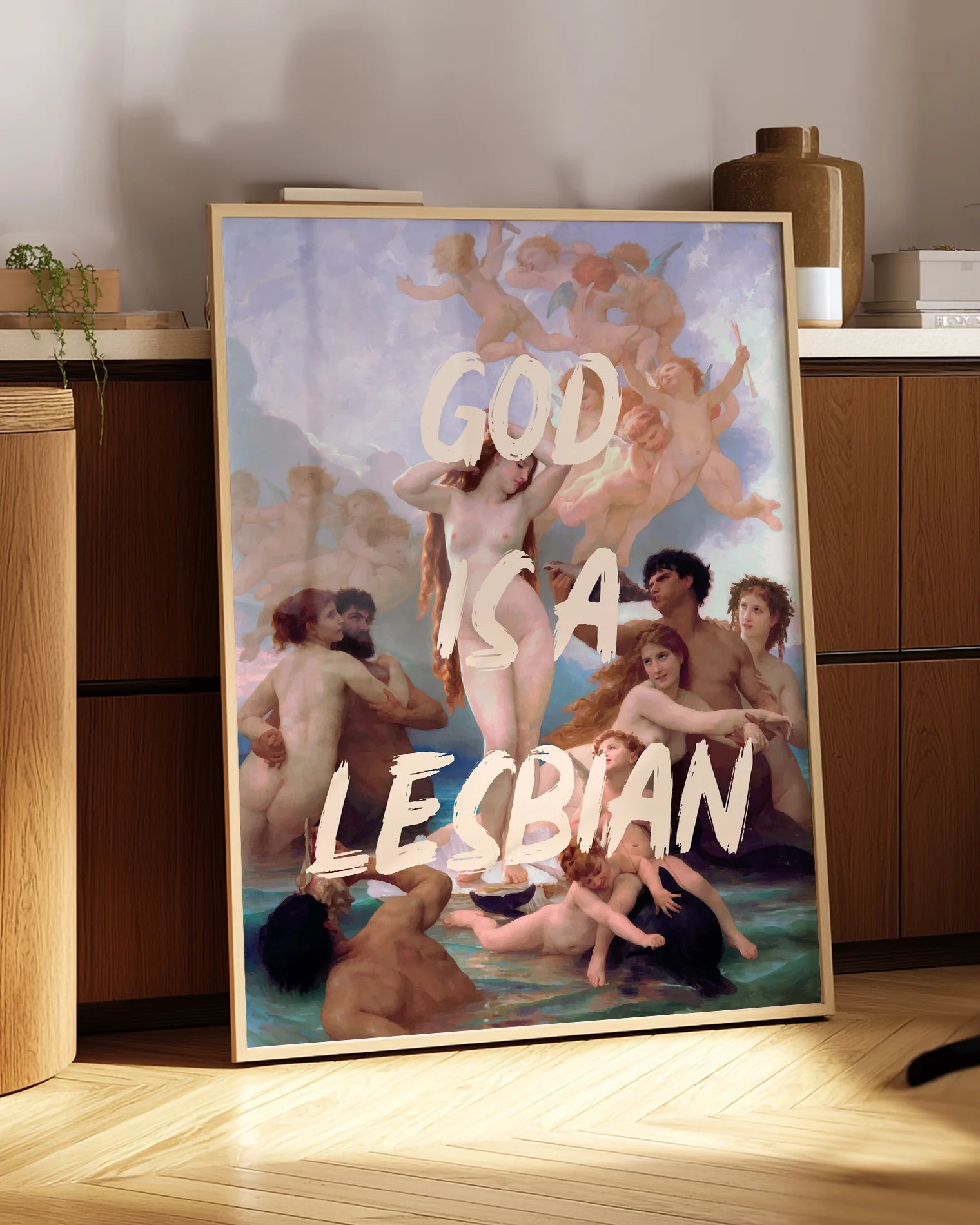 A print with a group of naked people, surrounding a named woman in the style of Coquette, oil painting with the text 'GOD IS A LESBIAN'.