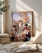 A print with a group of naked people, surrounding a named woman in the style of Coquette, oil painting with the text 'GOD IS A LESBIAN'.