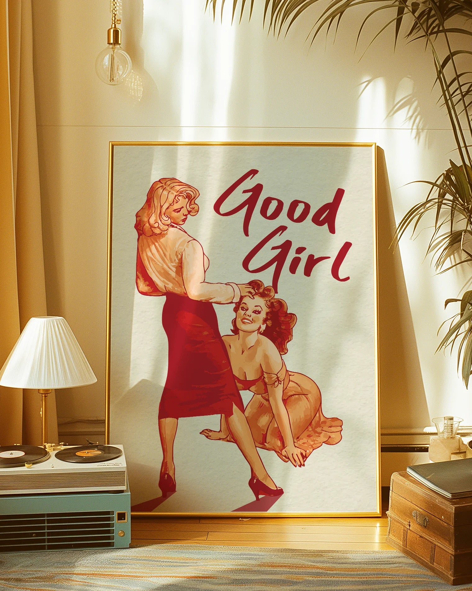 The poster depicting a woman standing in front of her lover, who kneels and looks up at her with a smile, accompanied by the text 'Good Girl'.