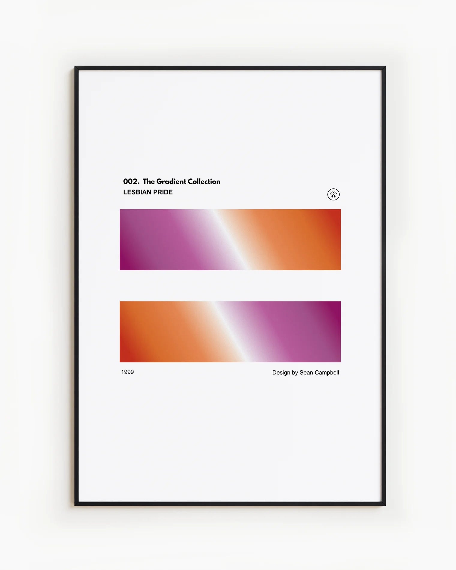 A print with two, rectangular, gradient blocks coloured with the lesbian pride flag colours, along the texts 'The Gradient Collection - Lesbian Pride'.