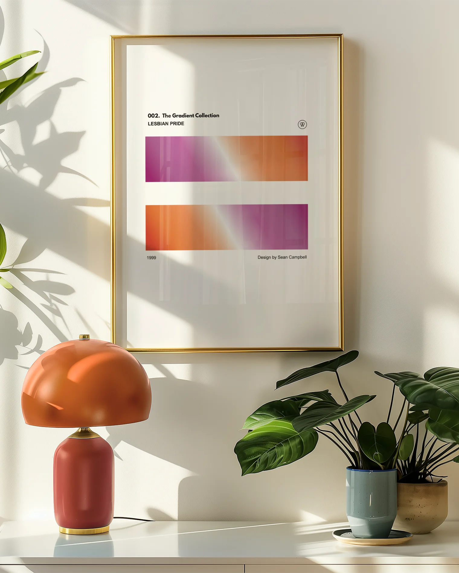 A print with two, rectangular, gradient blocks coloured with the lesbian pride flag colours, along the texts 'The Gradient Collection - Lesbian Pride'.