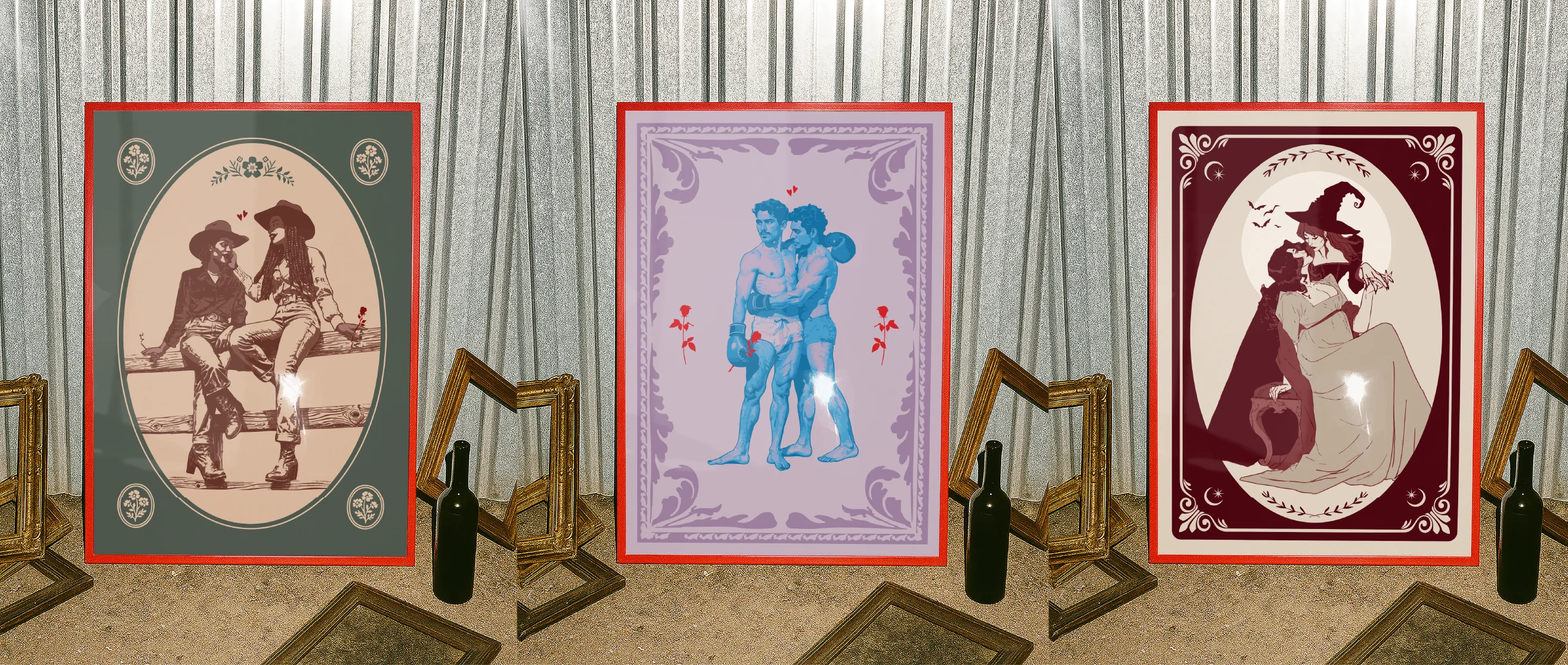 Three framed prints with queer illustrated couples.