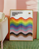 A print with the progress pride flag in a wavy, abstract form together with the text 'Intersex-Inclusive Progress Pride.'