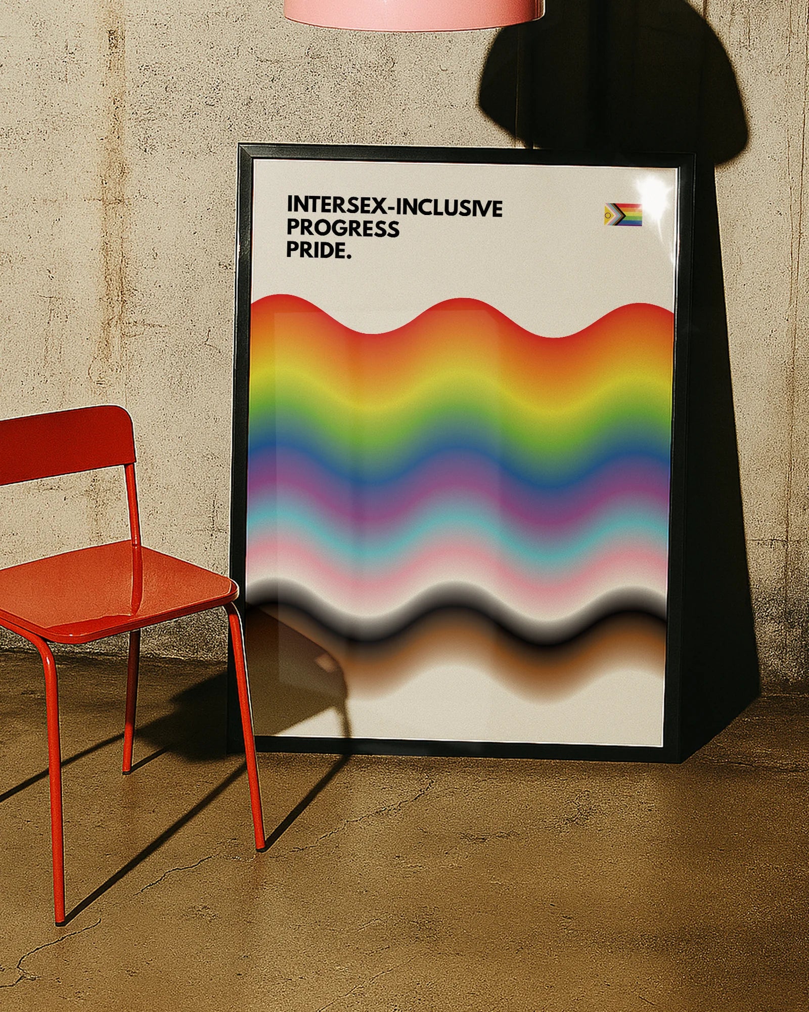 A print with the progress pride flag in a wavy, abstract form together with the text 'Intersex-Inclusive Progress Pride.'