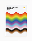 A print with the progress pride flag in a wavy, abstract form together with the text 'Intersex-Inclusive Progress Pride.'