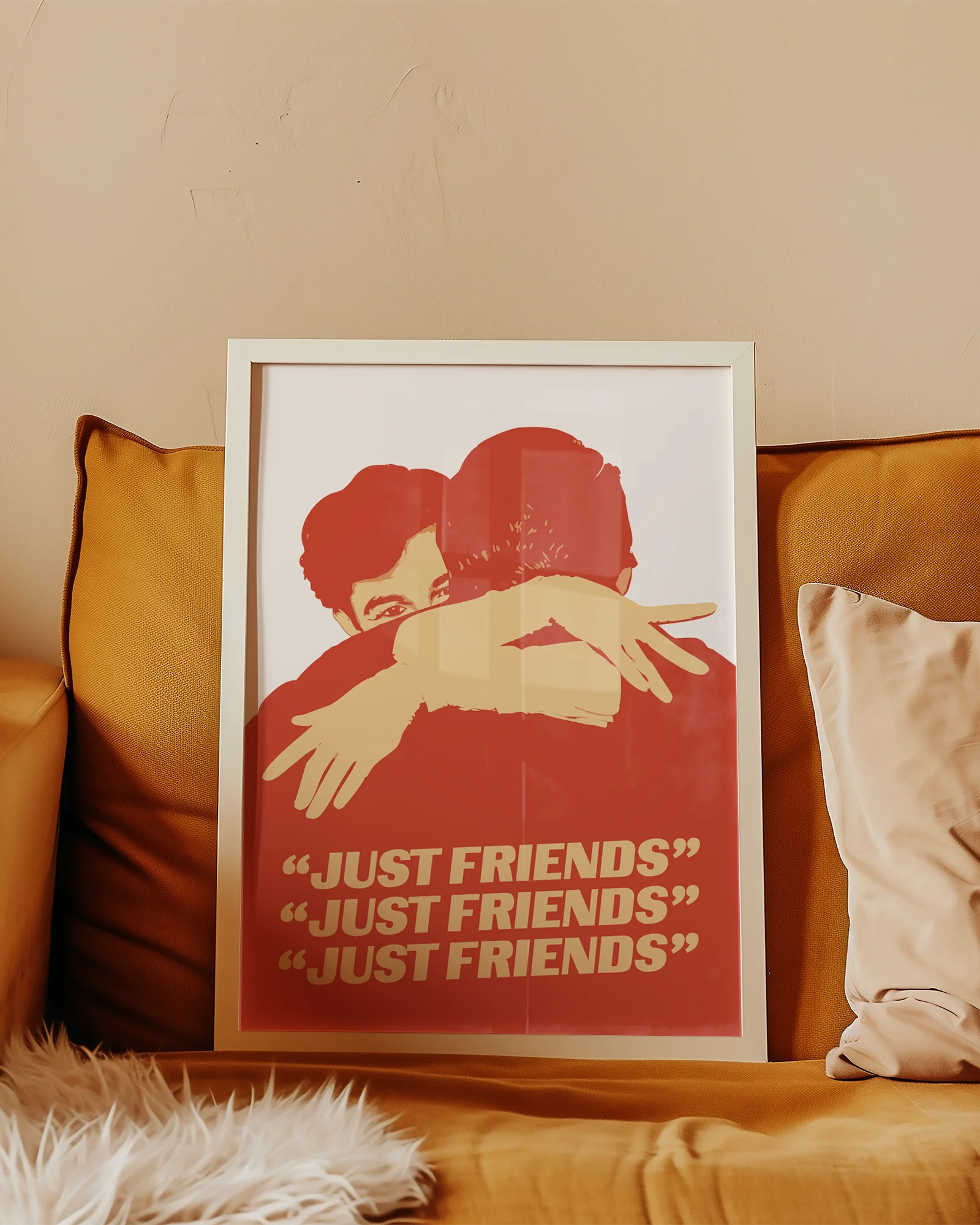 A poster with two illustrated, gay men hugging tight, with the text 'JUST FRIENDS'.