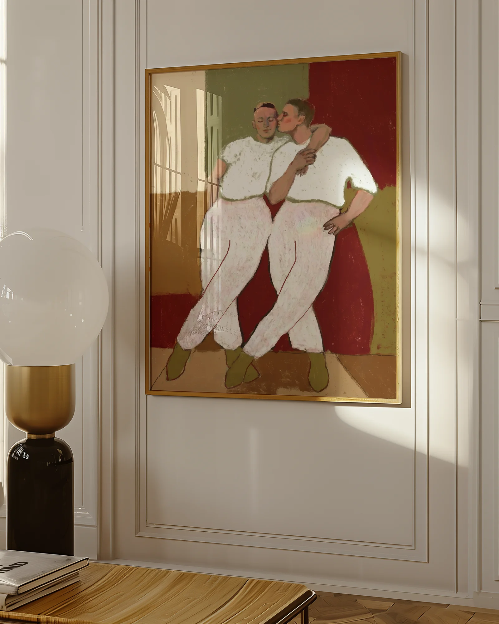A framed poster with two gay men kissing each other on the cheek, abstract style.