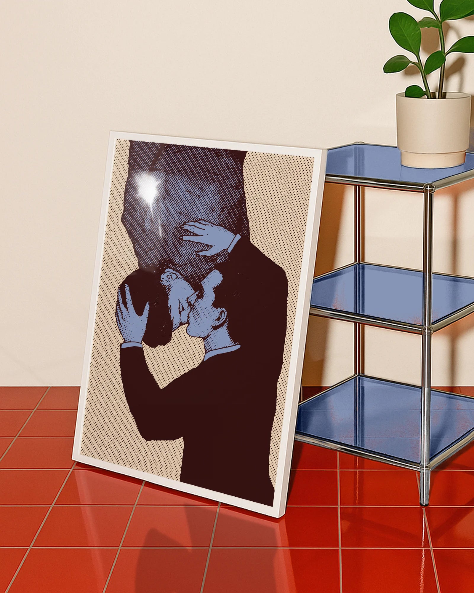 A framed poster with two gay men kissing, pop art style.