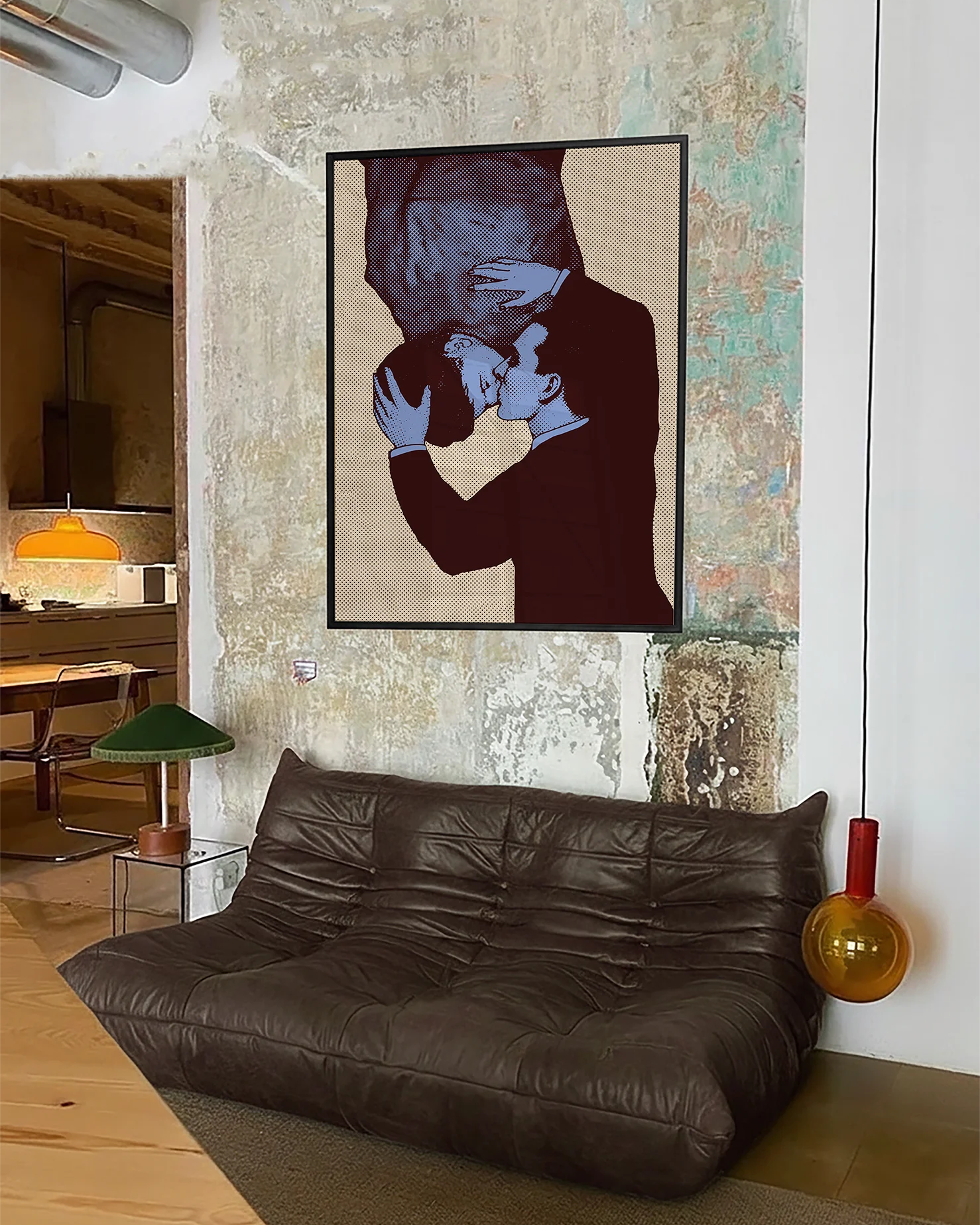 A framed poster with two gay men kissing, pop art style.