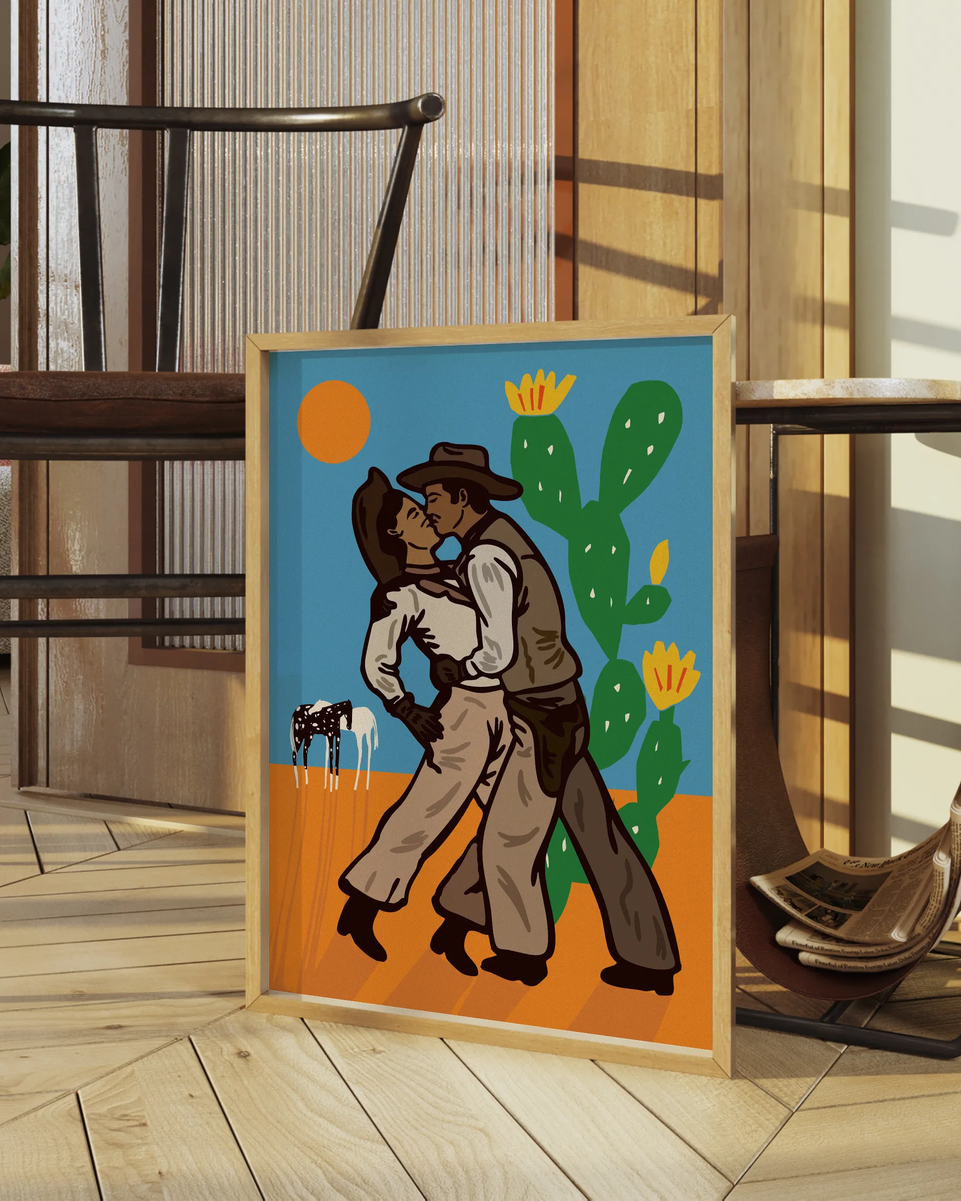 A print with two illustrated kissing cowboys in the wild west.