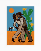 A print with two illustrated kissing cowboys.