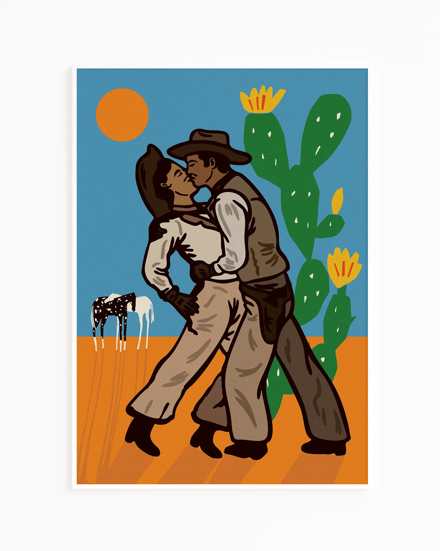 A print with two illustrated kissing cowboys.