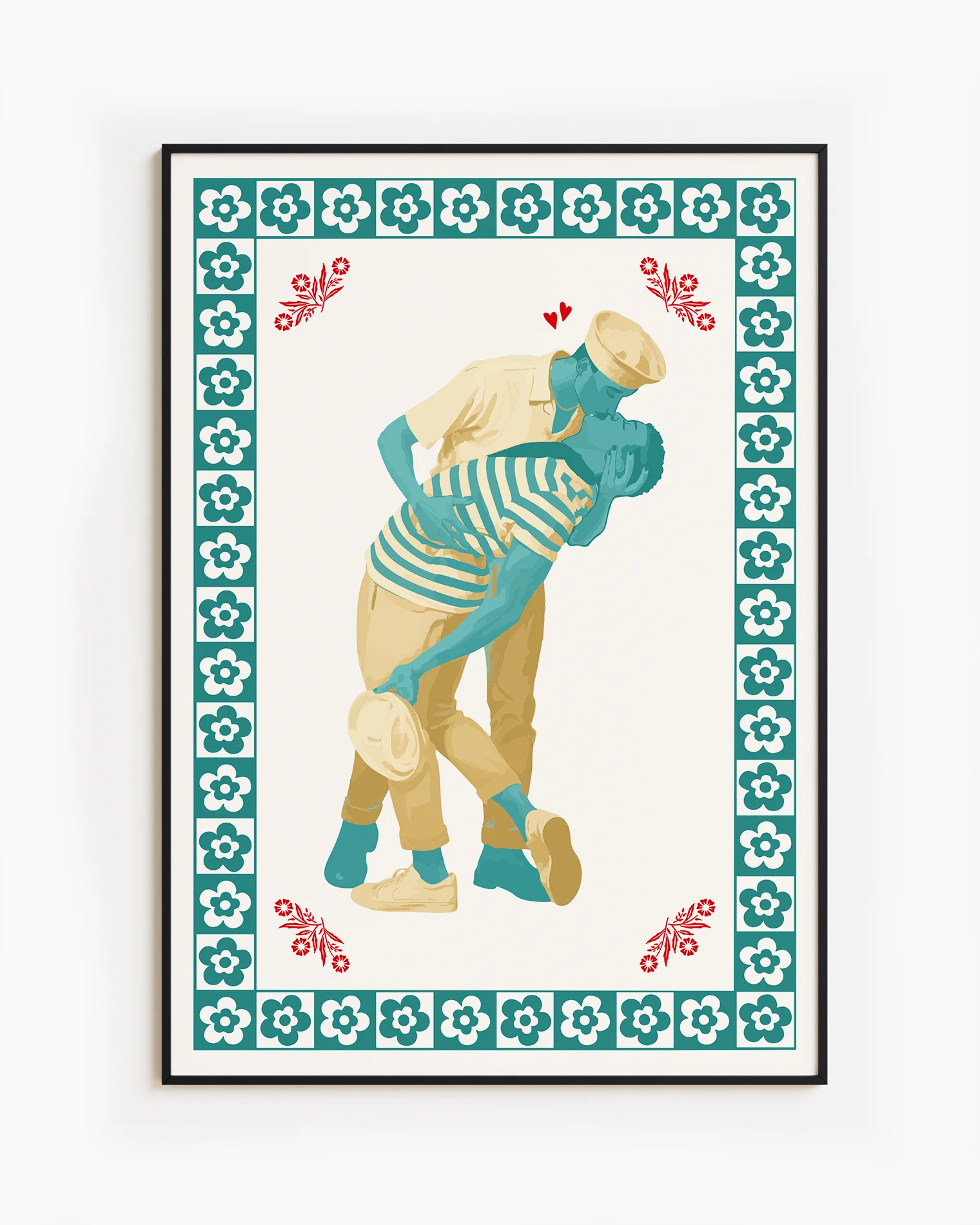 A poster featuring two gay sailor men locked in a passionate kiss, surrounded by a frame of soft flowers.