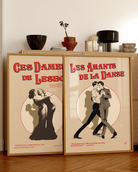 A vintage poster with two illustrated gay men dancing, with the text 'Les Amants De La Danse'.