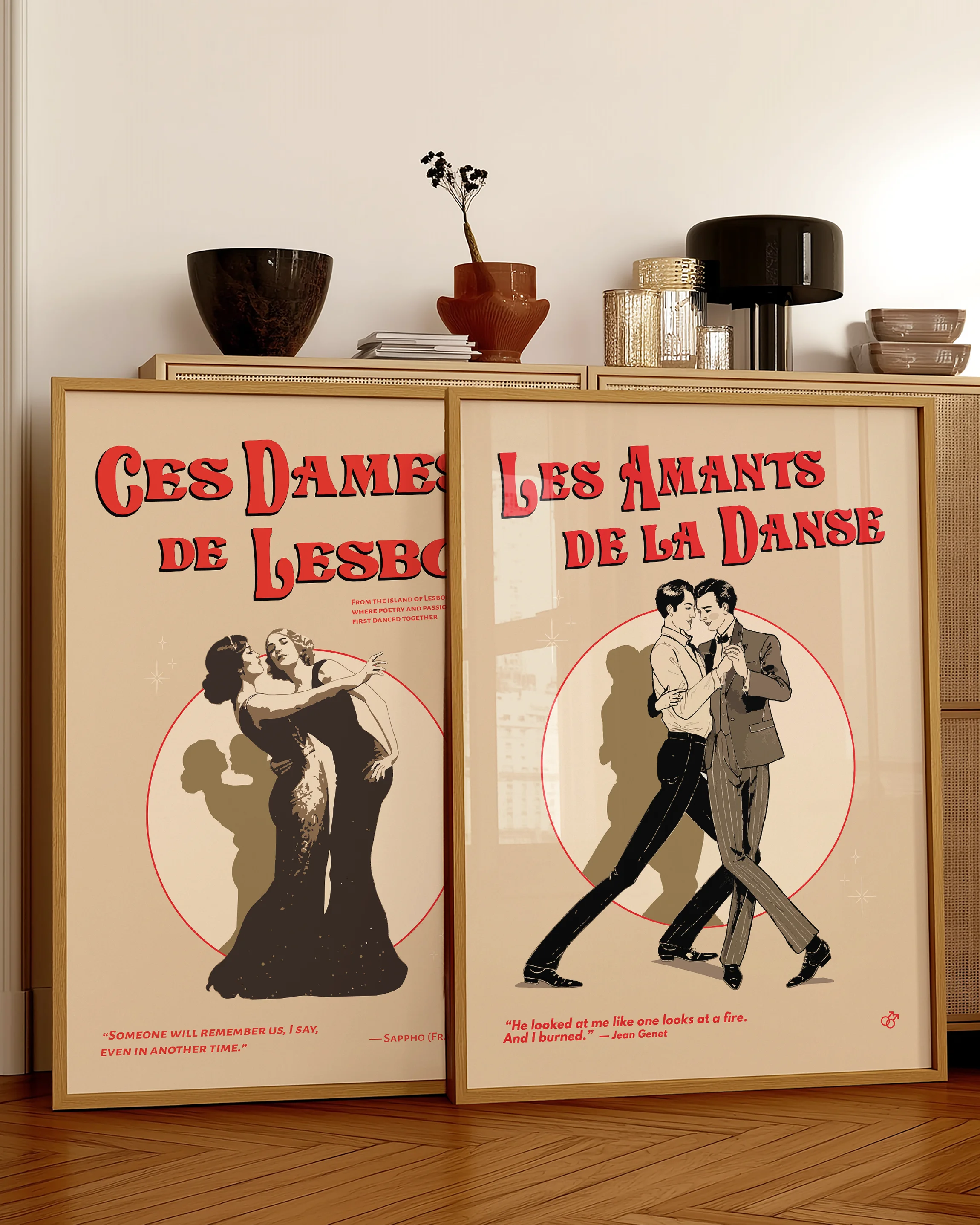 A vintage poster with two illustrated gay men dancing, with the text 'Les Amants De La Danse'.