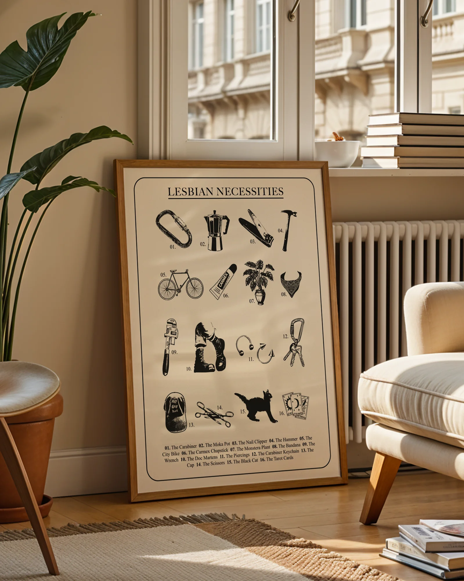 A framed poster with a design featuring 16 iconic and symbolic lesbian necessities and items, all numbered and gathered under the text “LESBIAN NECESSITIES.”