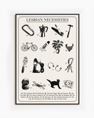 A framed poster with a design featuring 16 iconic and symbolic lesbian necessities and items, all numbered and gathered under the text “LESBIAN NECESSITIES.”