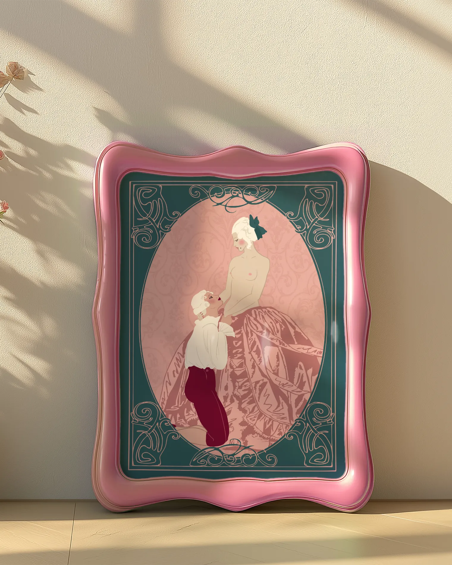 A print with a sapphic couple in the style of Rococo Baroque.