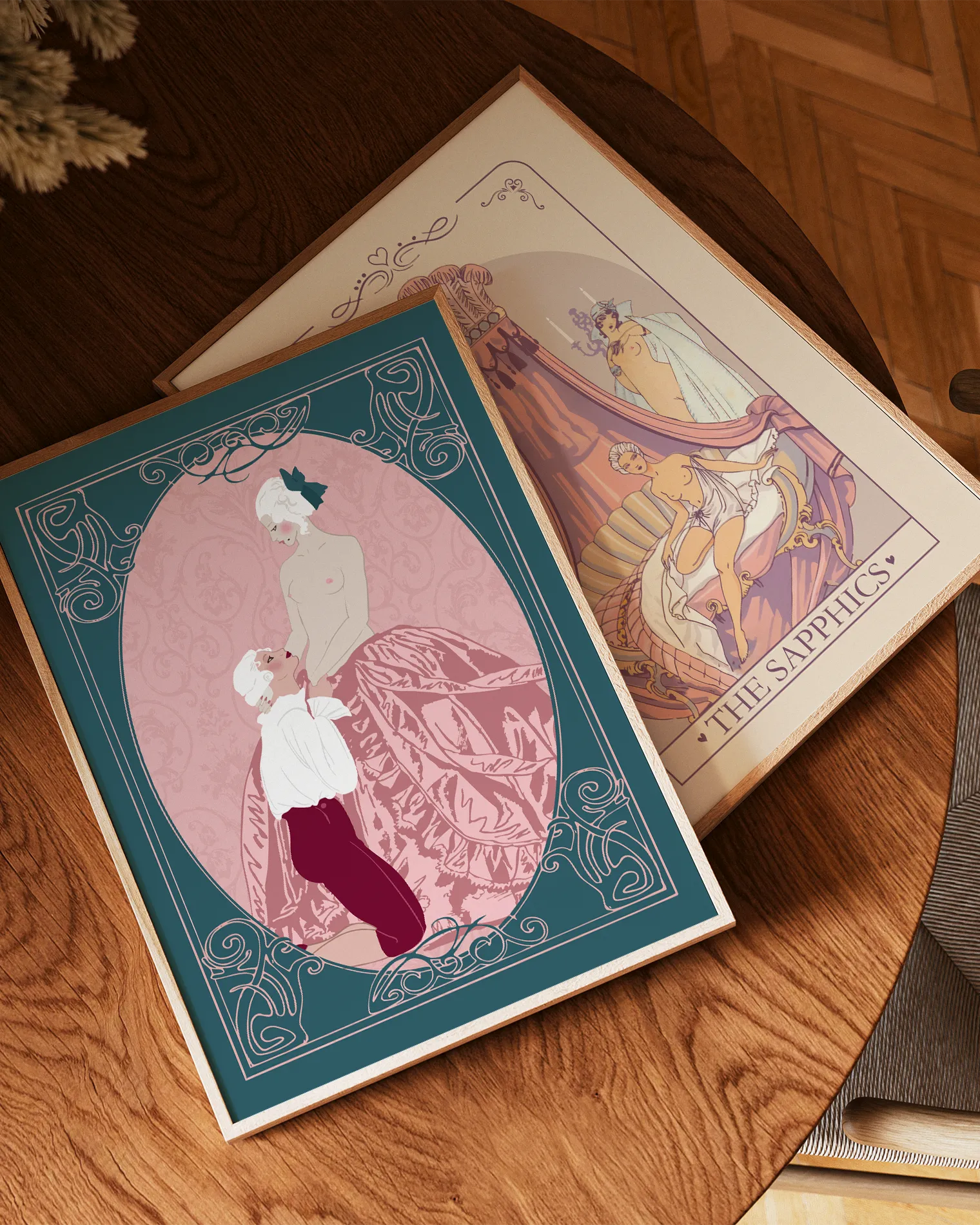 A print with a sapphic couple in the style of Rococo Baroque.