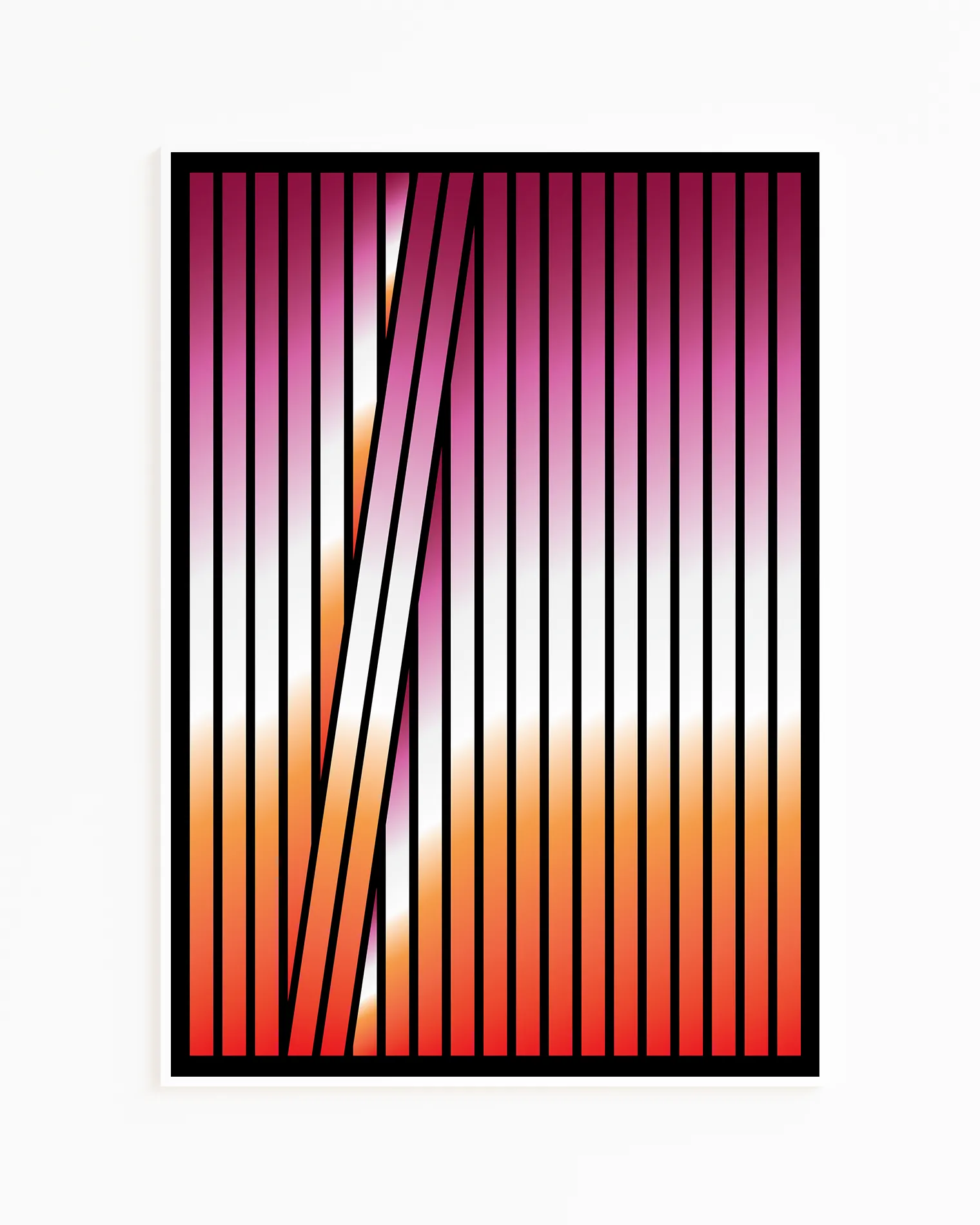 A framed poster with an abstract lesbian flag formed in stripes.