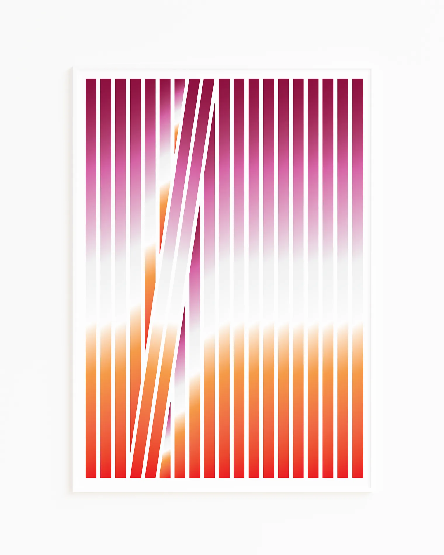 A framed poster with an abstract lesbian flag formed in stripes.