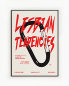 A print with an illustrated carabiner, with the text 'Lesbian Tendencies' in red.