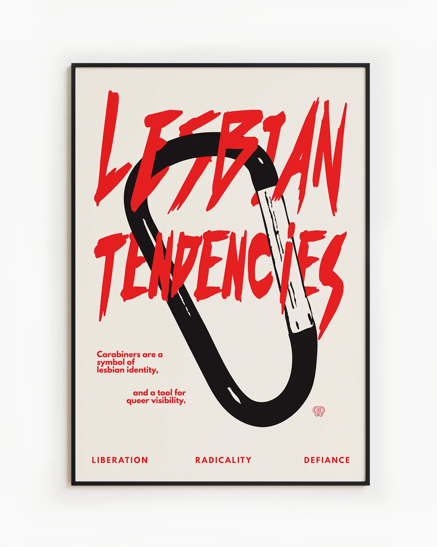 A print with an illustrated carabiner, with the text 'Lesbian Tendencies' in red.